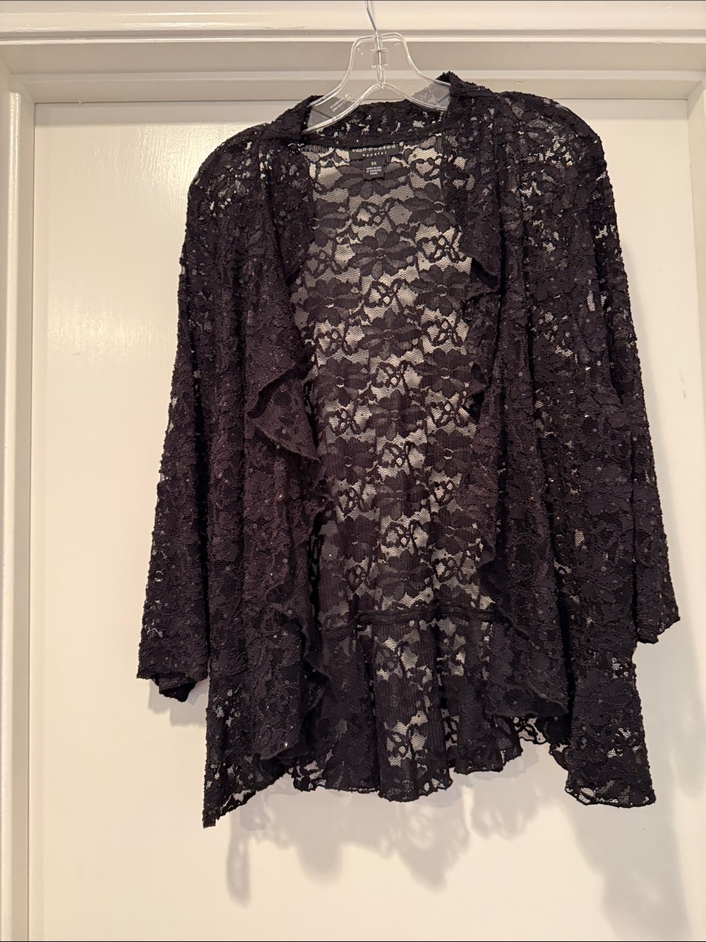 Connected Apparel Black Lace Ruffled Open-Front Cardigan